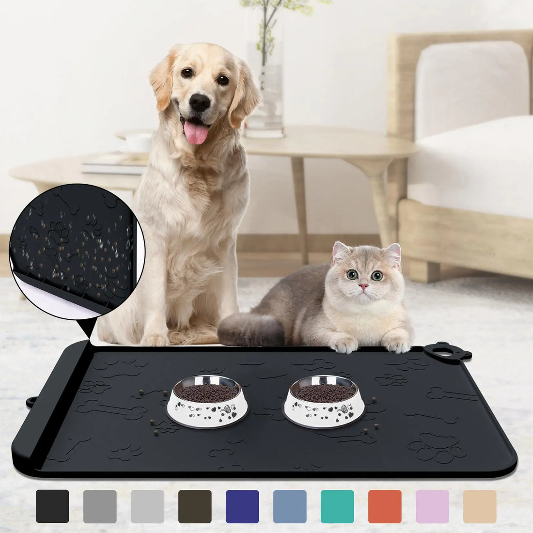 Silicone Pet Feeding Mat Waterproof with Food Pocket &amp; Hook, 22x14 (Black)