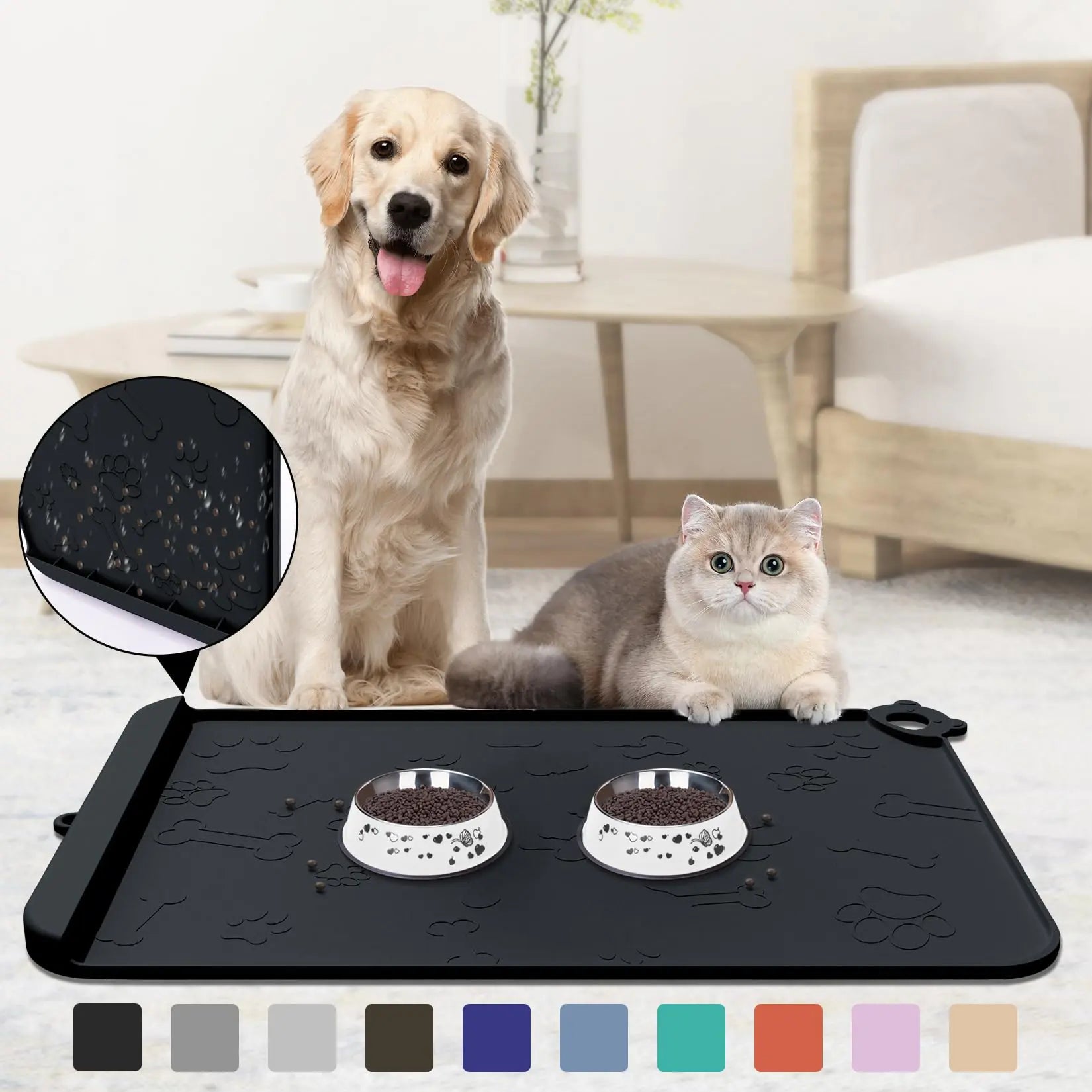 Silicone Pet Feeding Mat Waterproof with Food Pocket &amp; Hook, 22x14 (Black)